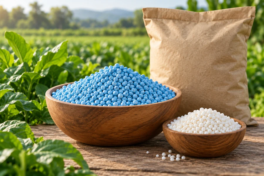 Butiran pupuk biru dan putih dalam mangkuk dengan kemasan pupuk polos